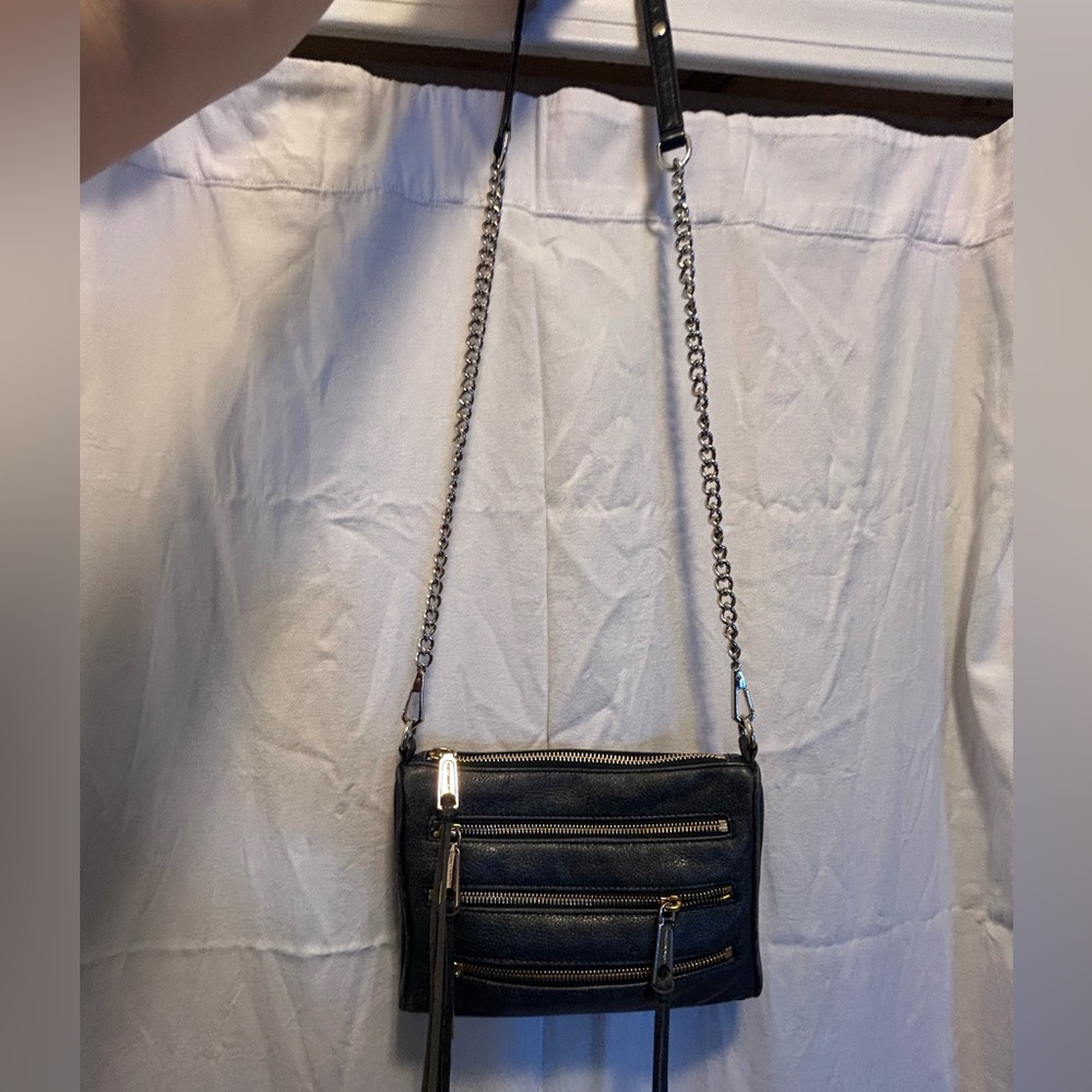 Rebecca Minkoff blue leather cross body chain bag with zipper details 7x9”